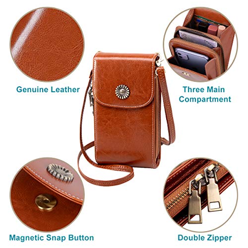 TEUEN Bolso de Teléfono Móvil para Mujer Cuero Pequeño con 5 Tarjetas Bolso Movil Mujer con Monedero, Mini Bolsa Bandolera Mujer de Auténtica Piel para Guardar Móvil de hasta 6,5" (Marrón)