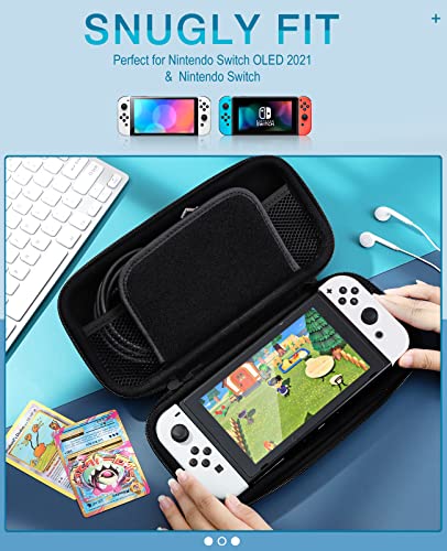 TiMOVO Funda Compatible con Nintendo Switch/ Switch OLED Modelo 2021, Estuche de PU de Transporte con 10 Cartuchos de Juegos para Consola, Adaptador CA, Cable HDMI, Joycon y Correa, Textura Dorada