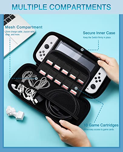 TiMOVO Funda Compatible con Nintendo Switch/ Switch OLED Modelo 2021, Estuche de PU de Transporte con 10 Cartuchos de Juegos para Consola, Adaptador CA, Cable HDMI, Joycon y Correa, Textura Dorada