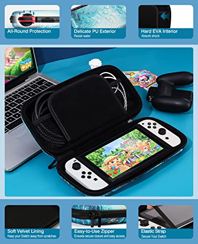 TiMOVO Funda Compatible con Nintendo Switch/ Switch OLED Modelo 2021, Estuche de PU de Transporte con 10 Cartuchos de Juegos para Consola, Adaptador CA, Cable HDMI, Joycon y Correa, Textura Dorada
