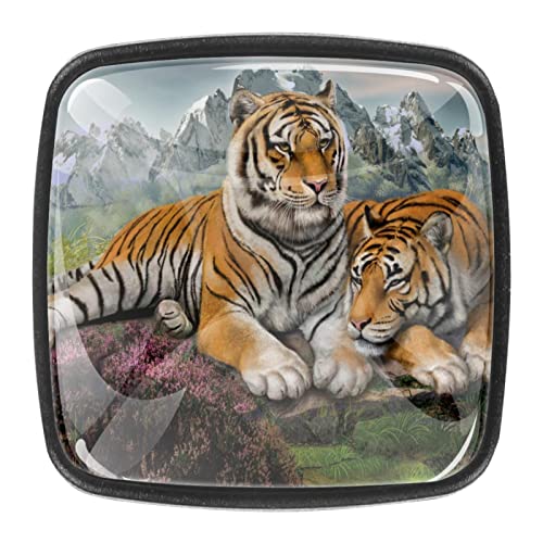 Tiradores de armario 4 piezas para cajones de tocador Bush Snow Mountain Tiger Perilla de la puerta de cristal