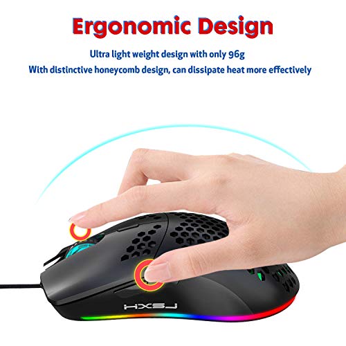 TKOOFN RGB Ratón Programable Gaming, 6 DPI (1000/1600/2400/3200/4800/6400) 96g Ultra Ligero Panal Ratón Óptico LED con Cable 6 Botones Programables RGB Marquee LED