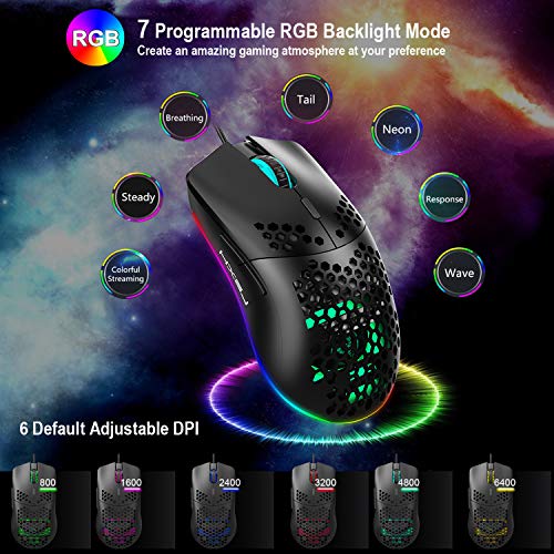 TKOOFN RGB Ratón Programable Gaming, 6 DPI (1000/1600/2400/3200/4800/6400) 96g Ultra Ligero Panal Ratón Óptico LED con Cable 6 Botones Programables RGB Marquee LED