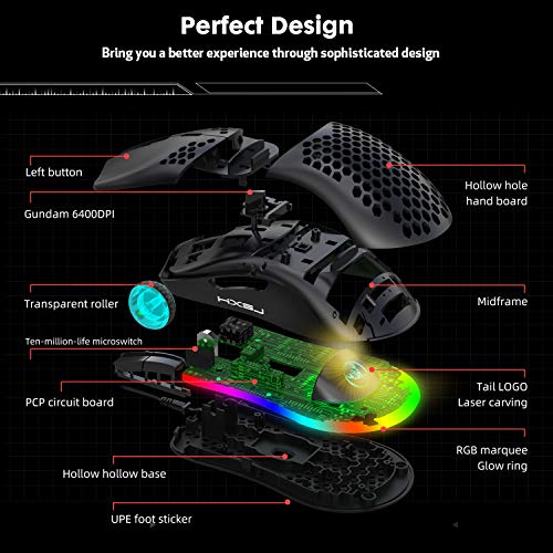 TKOOFN RGB Ratón Programable Gaming, 6 DPI (1000/1600/2400/3200/4800/6400) 96g Ultra Ligero Panal Ratón Óptico LED con Cable 6 Botones Programables RGB Marquee LED