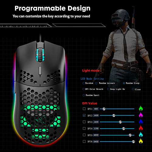 TKOOFN RGB Ratón Programable Gaming, 6 DPI (1000/1600/2400/3200/4800/6400) 96g Ultra Ligero Panal Ratón Óptico LED con Cable 6 Botones Programables RGB Marquee LED