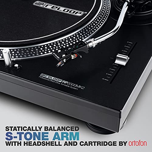 Tocadiscos Reloop RP-2000 MK2 DJ con motor de transmisión directo controlado con cuarzo y salida phono / línea, metálico negro