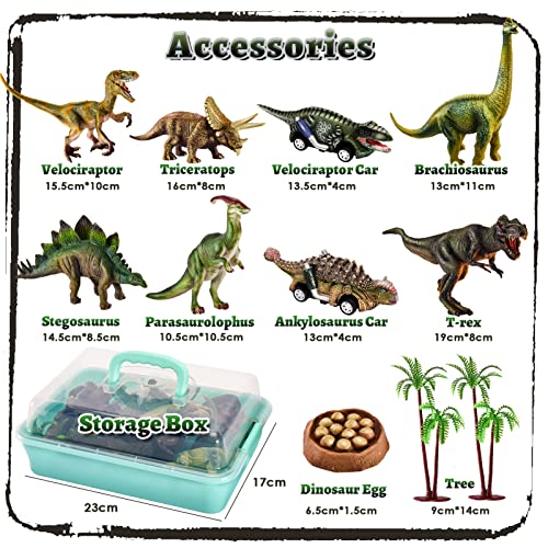 TOEY PLAY Juguetes Dinosaurios con Huevos de Dinosaurio, Coches y Caja de Almacenamiento, Juego Regalos para Niños Niñas 3 4 5 Años