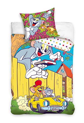 Tom & Jerry - Juego de ropa de cama reversible (2 piezas, 1 funda de almohada de 80 x 80 cm y 1 funda nórdica de 135 x 200 cm), diseño de Tom y Jerry