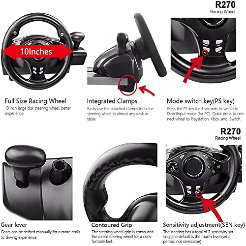 TONG Volante De Carreras De PC, Volante De Juego, Unidad De 270 ° con Engranajes Y Pedales De Respuesta, Adecuado para PS3, PS4, Interruptor, Xbox, Juego De Conducir Android Game
