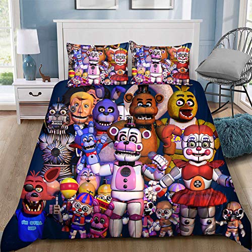 Tongyundacheng FNAF - Juego de funda de edredón con 2 fundas de almohada - Cinco noches en Freddy's Doll Print - Juego de ropa de cama de 3 piezas para adultos y niños - Individual (135 x 200 cm)