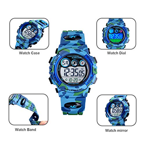 Tonnier Reloj deportivo para niños Reloj digital multifunción Relojes de pulsera coloridos con pantalla LED impermeable para niños con banda de PU, Azul / Patchwork,