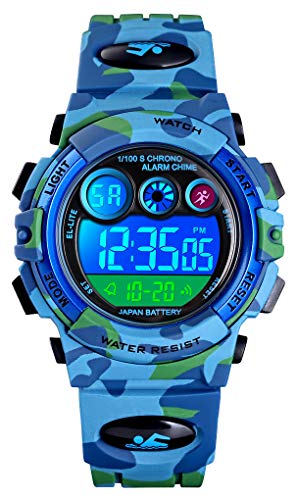Tonnier Reloj deportivo para niños Reloj digital multifunción Relojes de pulsera coloridos con pantalla LED impermeable para niños con banda de PU, Azul / Patchwork,