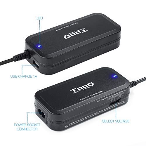 TooQ TQLC-90BS02M - Cargador Universal de 90 W para Ordenador portátil, Salida USB para Cargar Dispositivos, Incluye 12 Conectores Intercambiables DC Multitensión, (100-240V), Color Negro