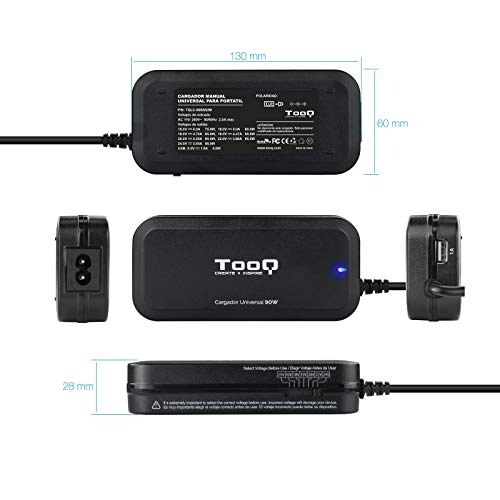 TooQ TQLC-90BS02M - Cargador Universal de 90 W para Ordenador portátil, Salida USB para Cargar Dispositivos, Incluye 12 Conectores Intercambiables DC Multitensión, (100-240V), Color Negro