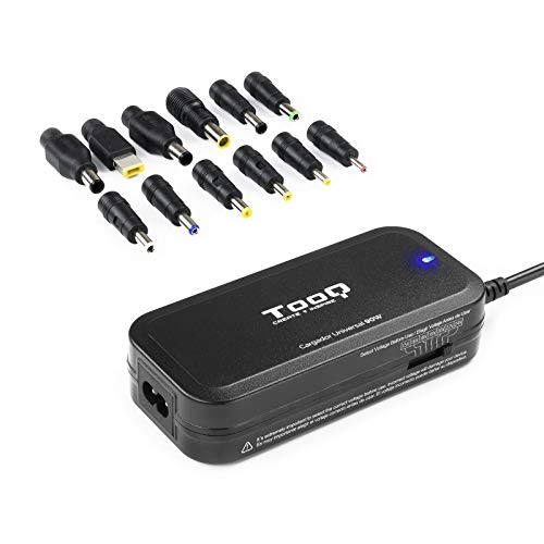 TooQ TQLC-90BS02M - Cargador Universal de 90 W para Ordenador portátil, Salida USB para Cargar Dispositivos, Incluye 12 Conectores Intercambiables DC Multitensión, (100-240V), Color Negro