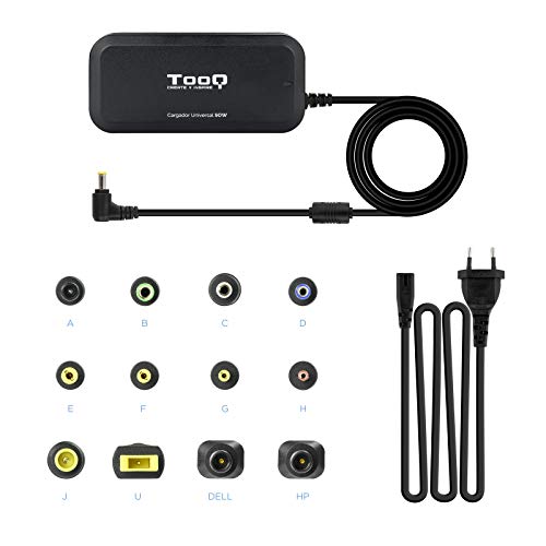 TooQ TQLC-90BS02M - Cargador Universal de 90 W para Ordenador portátil, Salida USB para Cargar Dispositivos, Incluye 12 Conectores Intercambiables DC Multitensión, (100-240V), Color Negro