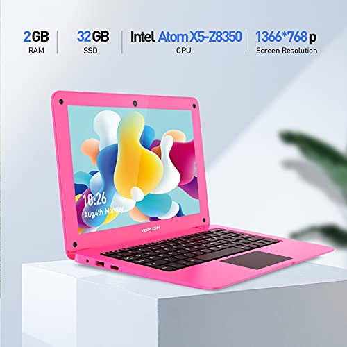 TOPOSH PC Ordenador Portátil 10,1" Windows 10 2GB RAM 32GB ROM eMMC Atom X5-Z8350 1,92 GHz Quad-Core Vitesse CPU 1,92 GHz WiFi, USB 2.0, con Teclado QWERTY US， Bluetooth 4.0 HDMI– Rosa