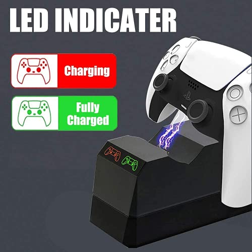 TPFOON Cargador Mando Compatible con PS5, Estación de Carga Dualsense para Controlador Playstation 5, Base de Carga Rápida Doble USB con LED Indicador, con 4 Tapas de Agarre para Pulga (Black)