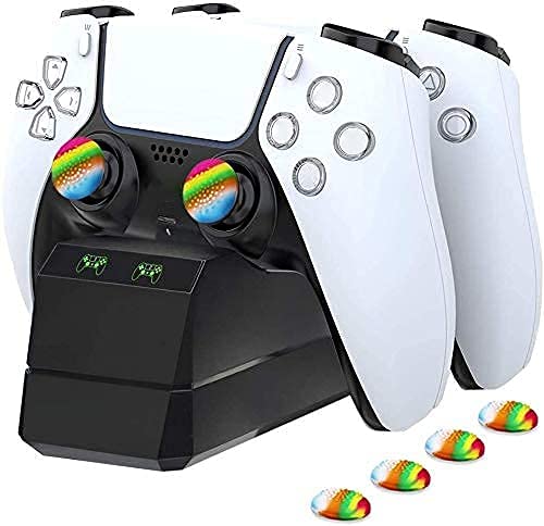 TPFOON Cargador Mando Compatible con PS5, Estación de Carga Dualsense para Controlador Playstation 5, Base de Carga Rápida Doble USB con LED Indicador, con 4 Tapas de Agarre para Pulga (Black)