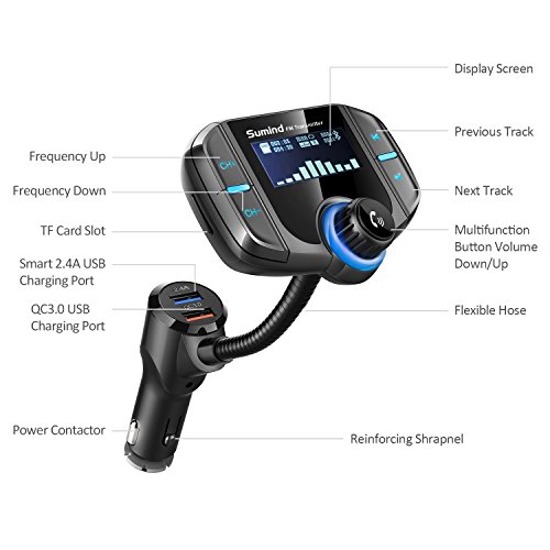 Transmisor FM Bluetooth con 1,7 Pulgadas de Pantalla y Puertos Dual USB (Negro)