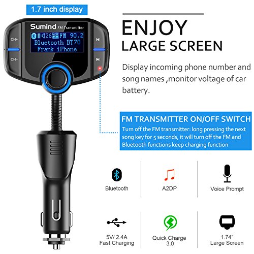 Transmisor FM Bluetooth con 1,7 Pulgadas de Pantalla y Puertos Dual USB (Negro)