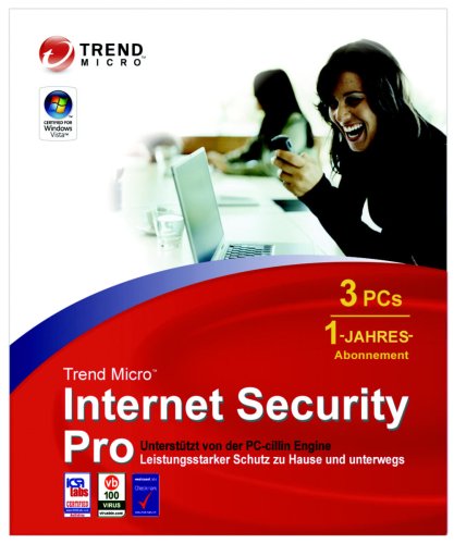 Trend Micro Internet Security Pro, DE, 3 users, 1 year - Seguridad y antivirus (DE, 3 users, 1 year, 3 usuario(s), 1 Año(s), 500 MB, 512 MB, Intel Pentium 450 MHz, Windows Vista (32/64-bit) Ultimate/Business/Home Premium/Home Basic, with SP 1)