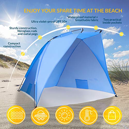 TRESKO® Tienda de Playa Anti UV 50+ | Carpa de Refugio de Sol | Tienda de Campaña con Protección Solar Portátil y Plegable