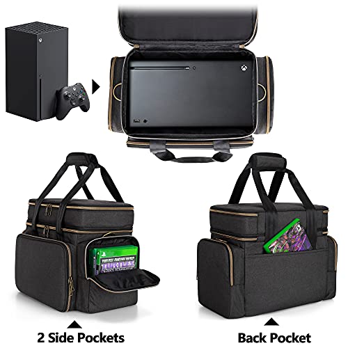 Trunab Bolsa de viaje para consola compatible con Xbox Series X, funda de transporte con múltiples bolsillos de almacenamiento para controladores Xbox, disco duro portátil y más accesorios, negro