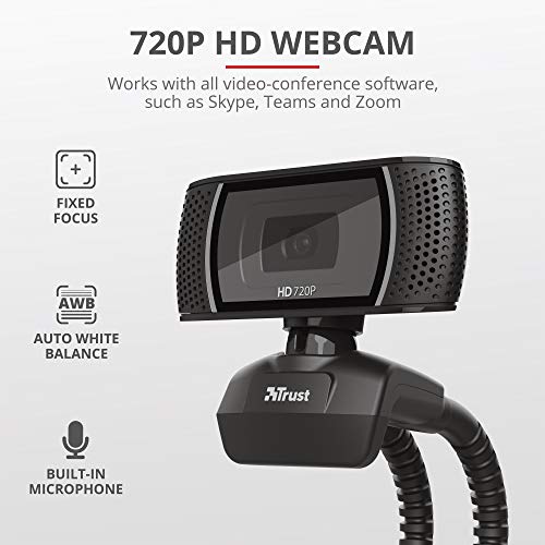 Trust Trino HD Webcam con Microfono, 1280 x 720, Enfoque Fijo, Soporte Universal, USB 2.0, Camara Web soporte Windows, Mac, para Portátil, PC, Ordenador, Videoconferencias, Skype, Teams - Negro
