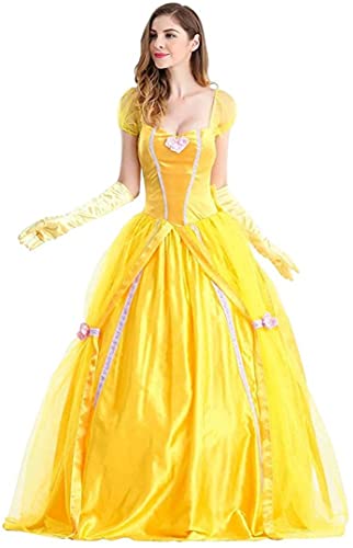 TSUSF Mujer Princesa Bella Cosplay Adulto La Bella Y La Bestia Disfraz De Halloween Manga Corta Puff Amarillo Maxi Vestido Carnaval Fiesta De Navidad Disfraces Guantes Largos A Juego (Size : XXL)