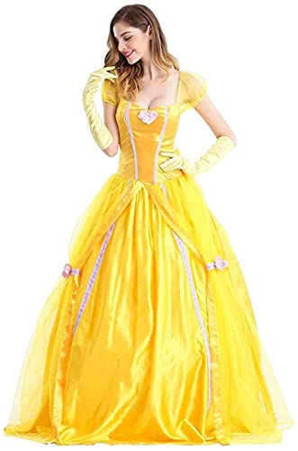 TSUSF Mujer Princesa Bella Cosplay Adulto La Bella Y La Bestia Disfraz De Halloween Manga Corta Puff Amarillo Maxi Vestido Carnaval Fiesta De Navidad Disfraces Guantes Largos A Juego (Size : XXL)
