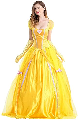 TSUSF Mujer Princesa Bella Cosplay Adulto La Bella Y La Bestia Disfraz De Halloween Manga Corta Puff Amarillo Maxi Vestido Carnaval Fiesta De Navidad Disfraces Guantes Largos A Juego (Size : XXL)