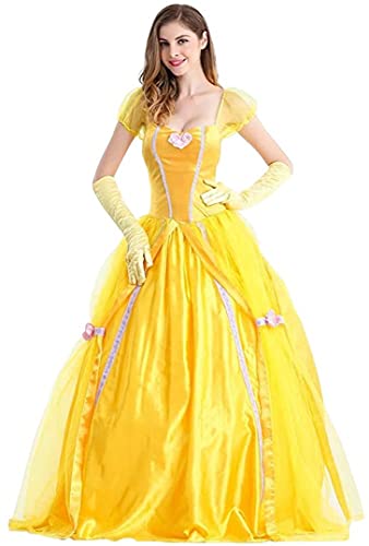 TSUSF Mujer Princesa Bella Cosplay Adulto La Bella Y La Bestia Disfraz De Halloween Manga Corta Puff Amarillo Maxi Vestido Carnaval Fiesta De Navidad Disfraces Guantes Largos A Juego (Size : XXL)