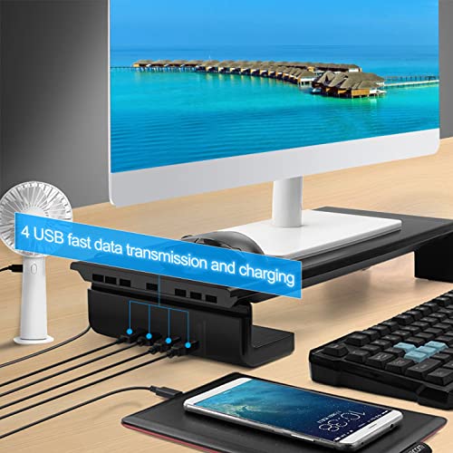 Tuo3eu Soporte de Monitor Plegable, Elevador Pantalla Longitud Ajustable con 4 Puertos USB soporta Transferencia de Datos y Carga para PC, Portatil Ordenador, TV, Negro
