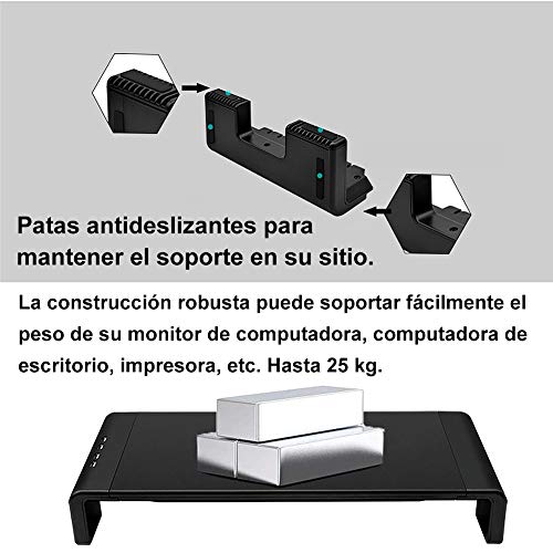 Tuo3eu Soporte de Monitor Plegable, Elevador Pantalla Longitud Ajustable con 4 Puertos USB soporta Transferencia de Datos y Carga para PC, Portatil Ordenador, TV, Negro
