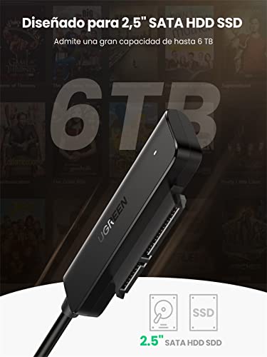 UGREEN Cable SATA a USB 3.0, Adaptador SATA III a USB con UASP para 2,5" Disco Duro SDD HDD SATA, Cable SATA 3 soporta S.M.A.R.T, Trim, Compatible con PC, PS5, Xbox X/S, Xbox One, PS4, PS3, 10TB MAX