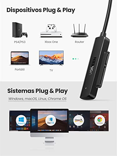 UGREEN Cable SATA a USB 3.0, Adaptador SATA III a USB con UASP para 2,5" Disco Duro SDD HDD SATA, Cable SATA 3 soporta S.M.A.R.T, Trim, Compatible con PC, PS5, Xbox X/S, Xbox One, PS4, PS3, 10TB MAX