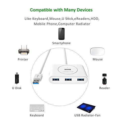 Ugreen CR113 Hub USB 3.0 - 4 Puertos con cable USB de 80cm, soporta altas velocidades de transmisión para disco duro,lector de tarjetas,teléfonos móviles, diseño compacto para Windows Surface, Ultrabooks y MacBook, Blanco