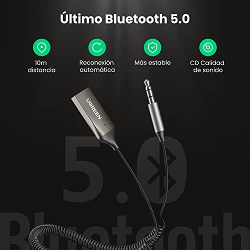 UGREEN Receptor Bluetooth 5.0, USB Aux Bluetooth Coche Micrófono Incorporado, A2DP Audio Estéreo Kits de Manos Libres para Automóvil, Adaptador Jack Bluetooth para Altavoces y Coche con Cable Elástico