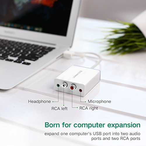 UGREEN Tarjeta de Sonido USB, Adaptador de Tarjeta de Sonido Externa con 2 RCA y 3.5mm Jack, DAC Convertidor Audio Compatible con Equipo Hi-Fi, Auriculares, Micrófono, PS4, Raspberry Pi, Altavoces