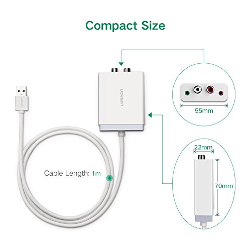 UGREEN Tarjeta de Sonido USB, Adaptador de Tarjeta de Sonido Externa con 2 RCA y 3.5mm Jack, DAC Convertidor Audio Compatible con Equipo Hi-Fi, Auriculares, Micrófono, PS4, Raspberry Pi, Altavoces