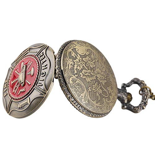 UIEMMY Pocket Watch Full Hunter Red Fire Fighter Pocket Watch Vintage Bronze Steampunk Firefighter Quartz Watches Men Women Pendant Gift Necklace