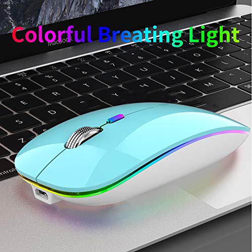 Uiosmuph G12 Ratón Inalámbrico Recargable, Ultra Delgado Receptor Nano Wireless Mouse 1600 dpi Ajustables Silencioso Mini Mouse Multicolor LED para Computadora Portátil, PC, Portátil, Macbook (Azul)