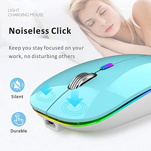 Uiosmuph G12 Ratón Inalámbrico Recargable, Ultra Delgado Receptor Nano Wireless Mouse 1600 dpi Ajustables Silencioso Mini Mouse Multicolor LED para Computadora Portátil, PC, Portátil, Macbook (Azul)