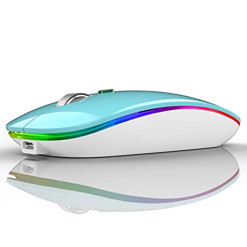 Uiosmuph G12 Ratón Inalámbrico Recargable, Ultra Delgado Receptor Nano Wireless Mouse 1600 dpi Ajustables Silencioso Mini Mouse Multicolor LED para Computadora Portátil, PC, Portátil, Macbook (Azul)