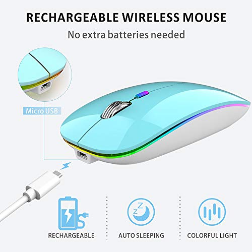 Uiosmuph G12 Ratón Inalámbrico Recargable, Ultra Delgado Receptor Nano Wireless Mouse 1600 dpi Ajustables Silencioso Mini Mouse Multicolor LED para Computadora Portátil, PC, Portátil, Macbook (Azul)