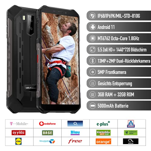 Ulefone Armor X9 Móvil Resistente 5.5" HD+ 32GB+3GB RAM Octo-Core 5000mAh Batería, 13MP + 2MP Cámara Android 11 Smartphone Libre Antigolpes Dual SIM-NFC/OTG/GPS-Negro