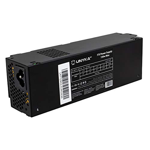 UNYKAch Fuente de Alimentación ITX 150W, Consumo Inferior a 0,5W, Potencia Nominal 150W, Alto Rendimiento, Ventilador de 40 mm, Conector Sata, 20 + 4 Pines, Molex