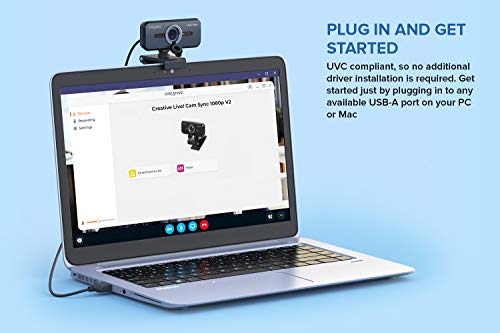 USB Creative Live! CAM Sync 1080p V2 Webcam Full HD con Gran Angular, Auto Mute y cancelación de Ruido para videollamadas, micrófono Dual Incorporado Mejorado, Funciona con Zoom, Skype, Teams y más