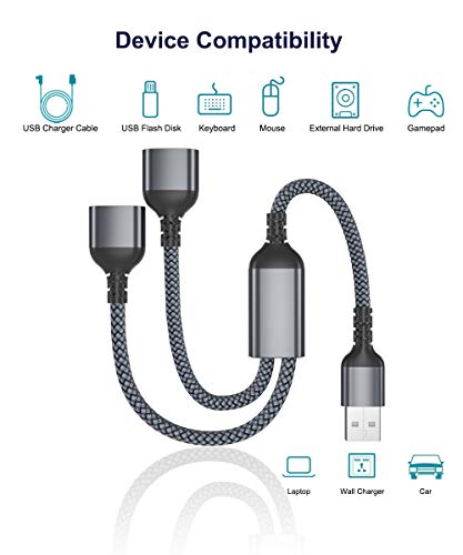 USB Splitter Y Cable 0.3M, USB A 1 Macho a 2 Dual Hembra Extensión Conector,Doble Puerto Multiple USB Extender Hub,Cargador Datos Adaptador Dividido Energía para Mac,Coche,Xbox One,PS4,PS5,PC